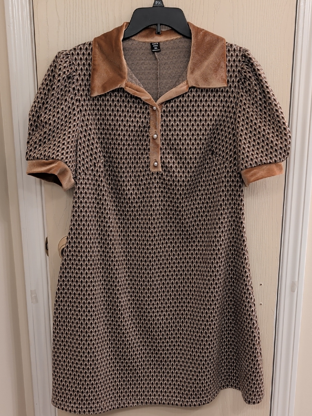 SHEIN MOD Curve Brown Jacquard Velvet Trim Puff Sleeve Polo Dress XL